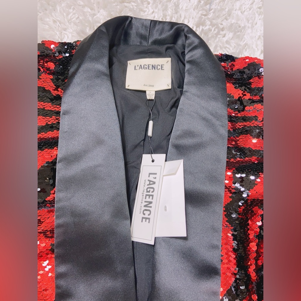 NWT $725 L'agence Yuna Sequin Blazer In Tango Red/black Zebra Stripe - Picture 4 of 7
